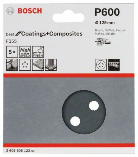 BOSCH Schleifpapier F355, 5er Pack 125 mm, 600 2608605122