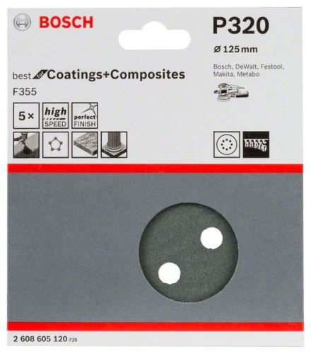 BOSCH Schleifpapier F355, 5er Pack 125 mm, 320 2608605120