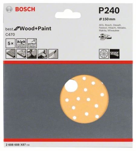 BOSCH Schleifpapiere C470 für Exzenterschleifer, Best for Wood and Paint, Durchmesser 150 mm, 240er Mehrfachlochung (5 Stück) 2608608X87