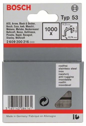 BOSCH Heftklammern für Tacker aus dünnem Draht, Typ 53, Edelstahl Typ 53; L = 10 mm (1000 Stück) 2609200216