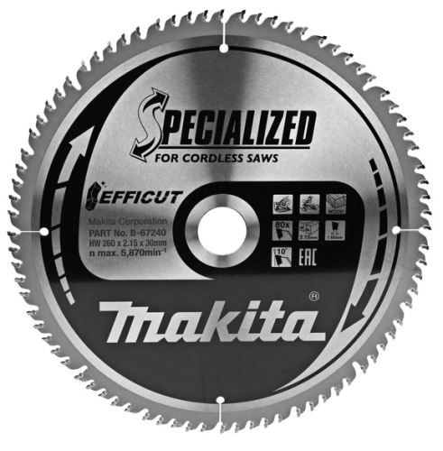 MAKITA Sägeblatt Efficut Holz 260x2,15x30 mm 80 Zähne B-67240