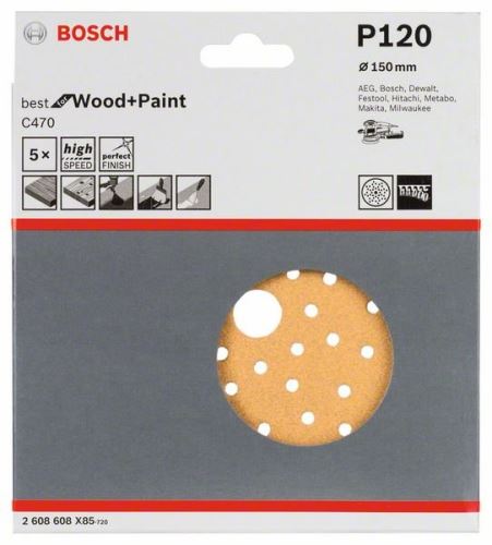 BOSCH Schleifpapiere C470 für Exzenterschleifer, Best for Wood and Paint, Durchmesser 150 mm, 120 Mehrfachperforationen (5 Stück) 2608608X85