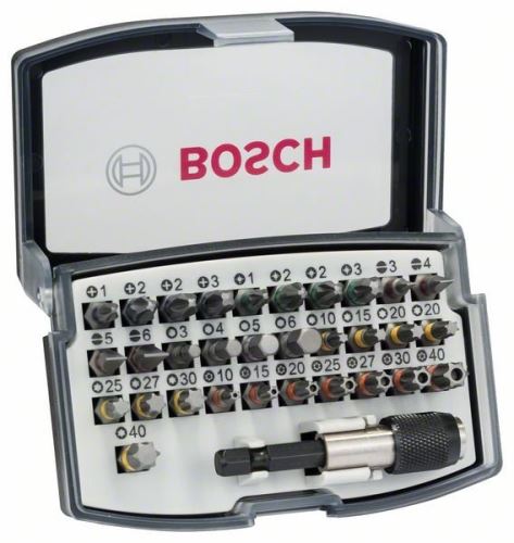 BOSCH 32-teiliges Schraubendreher-Bit-Set PH1; PH2; PH2; PH3; PZ1; PZ2; PZ2; PZ3; HEX 3; HEX 4; HEX 5; HEX 6; T10; T15; T20; T20; T25; T27; T30; T40 2607017319