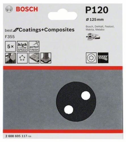 BOSCH Schleifpapier F355, 5er Pack 125 mm, 120 2608605117