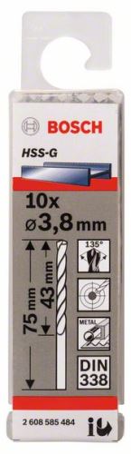 BOSCH Bohrer für Metall HSS-G, DIN 338 3,8 x 43 x 75 mm (10 Stück) 2608585484